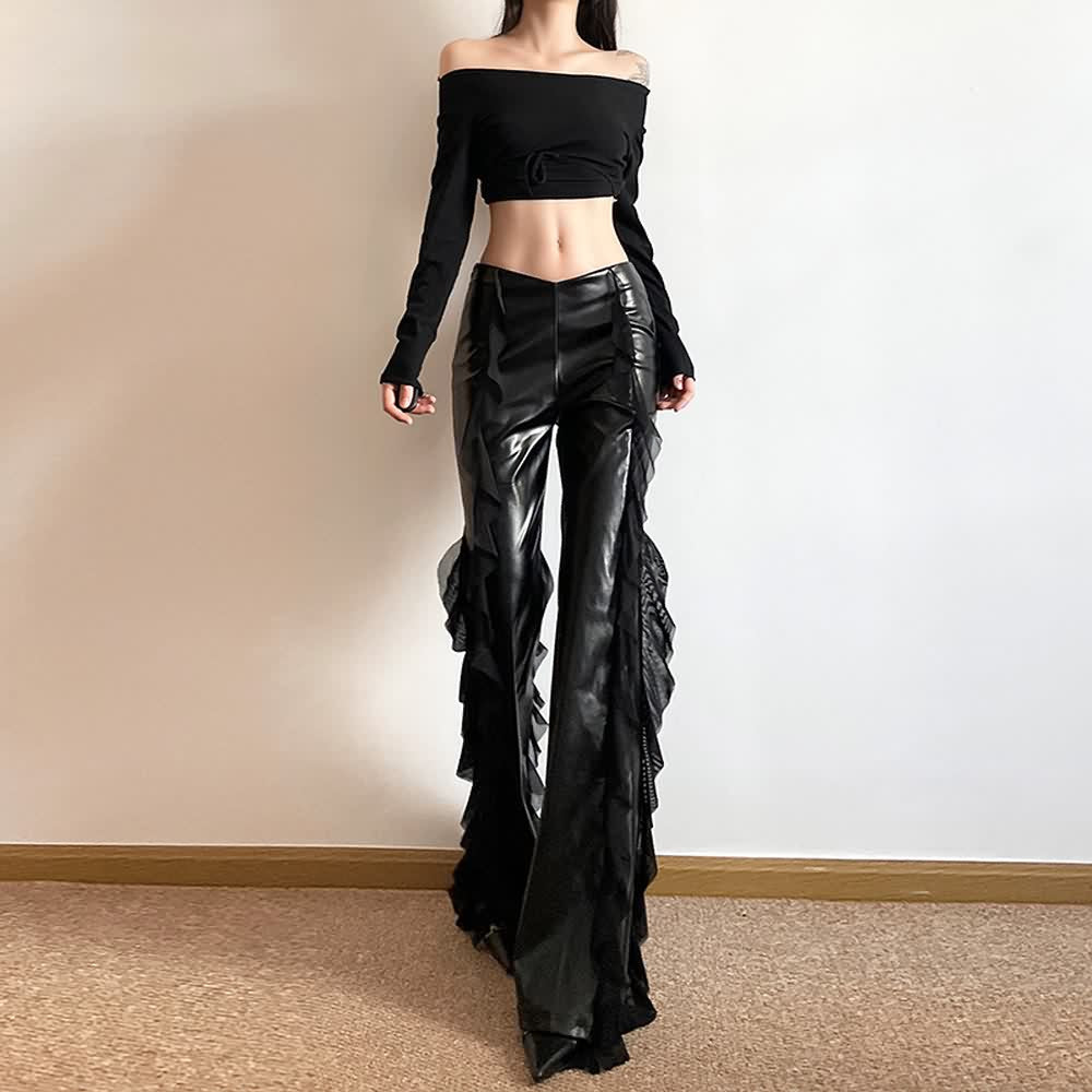 Black Leather Ruffle High Waist Flare Pants