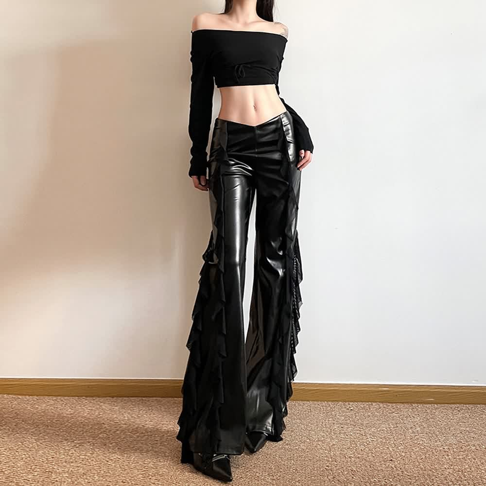 Black Leather Ruffle High Waist Flare Pants