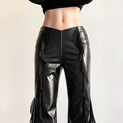 Black Leather Ruffle High Waist Flare Pants