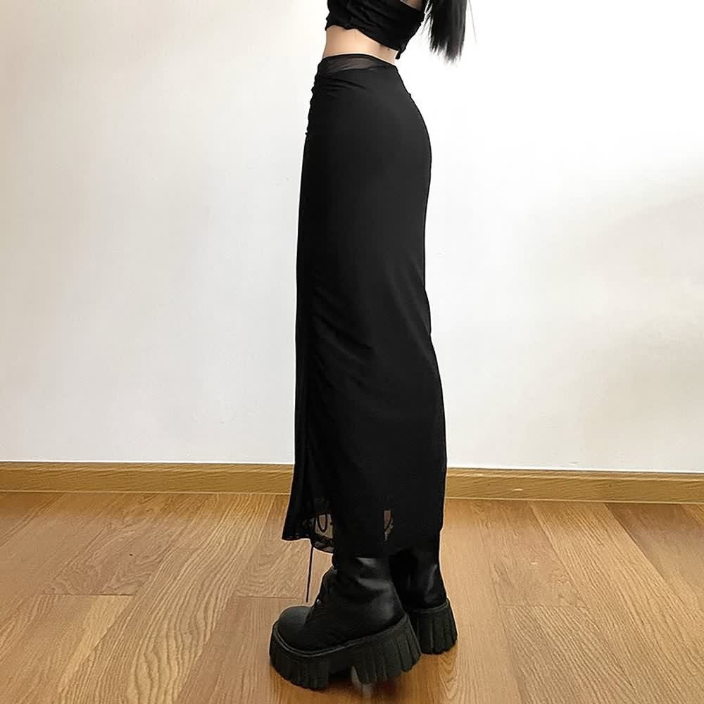 Black Mesh Overlay Slim Fit High Waist Midi Skirt