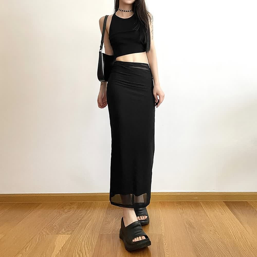 Black Mesh Overlay Slim Fit High Waist Midi Skirt