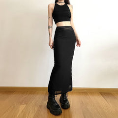 Black Mesh Overlay Slim Fit High Waist Midi Skirt