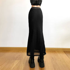 Black Mesh Overlay Slim Fit High Waist Midi Skirt