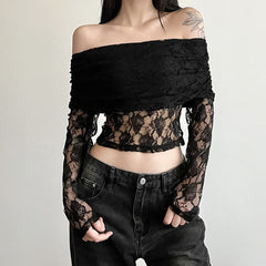 Black Rose Lace Bardot Long Sleeve Crop Top