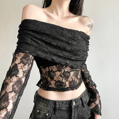 Black Rose Lace Bardot Long Sleeve Crop Top