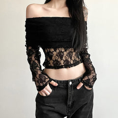 Black Rose Lace Bardot Long Sleeve Crop Top