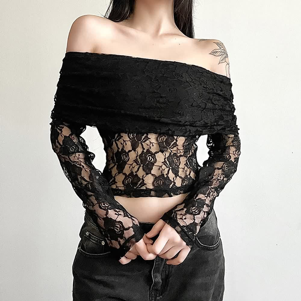 Black Rose Lace Bardot Long Sleeve Crop Top