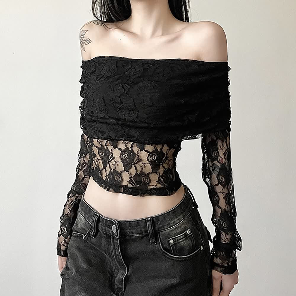 Black Rose Lace Bardot Long Sleeve Crop Top