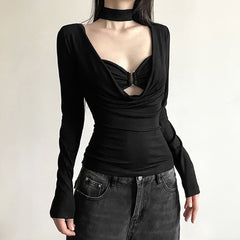 Black Scoop Neckline Long Sleeve Top