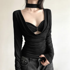 Black Scoop Neckline Long Sleeve Top