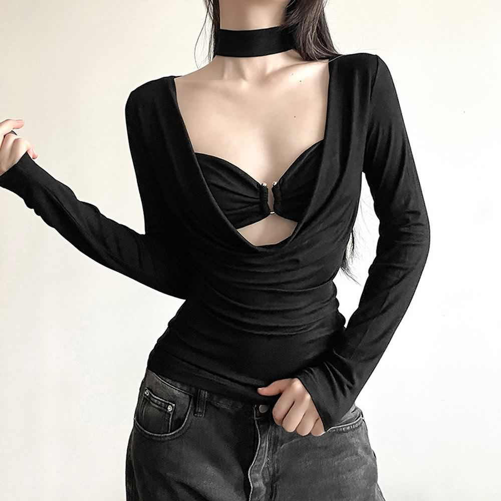 Black Scoop Neckline Long Sleeve Top