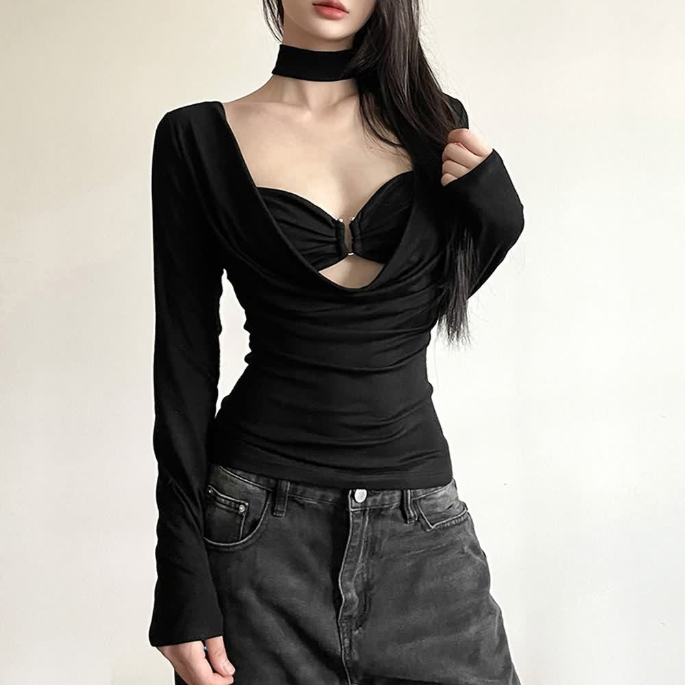 Black Scoop Neckline Long Sleeve Top