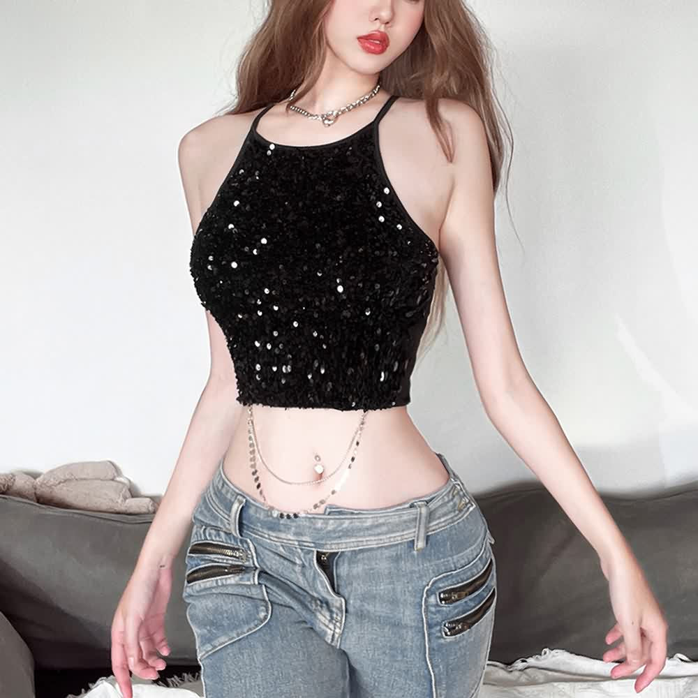 Black Sequin Open Back Crop Top