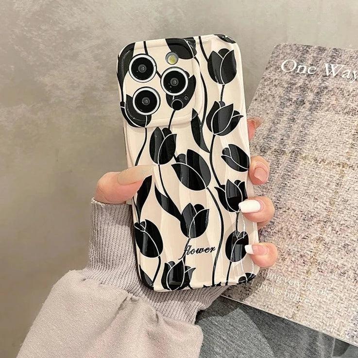 Black Tulip Flower Cute Phone Case for iPhone 11-15 Pro Max