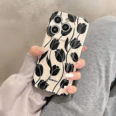 Black Tulip Flower Cute Phone Case for iPhone 11-15 Pro Max