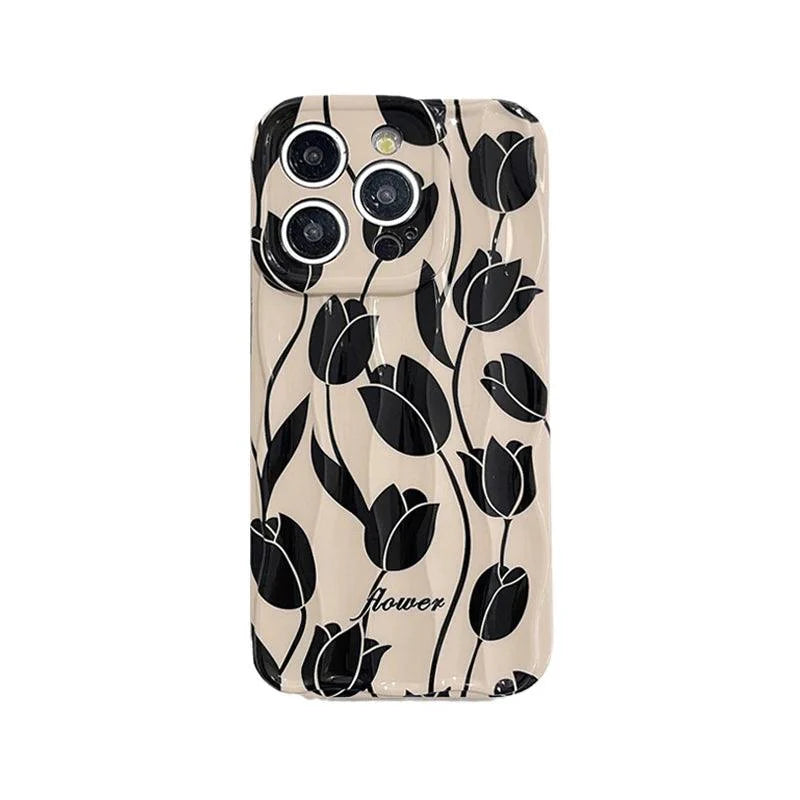 Black Tulip Flower Cute Phone Case for iPhone 11-15 Pro Max