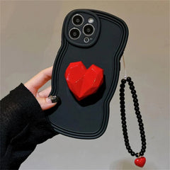 Black Wave Cute Phone Case with Strap for iPhone 14, 13, 12, 11 Pro, XS Max, X, XR - Korean 3D Love Heart Bracket Bracelet Chain Design