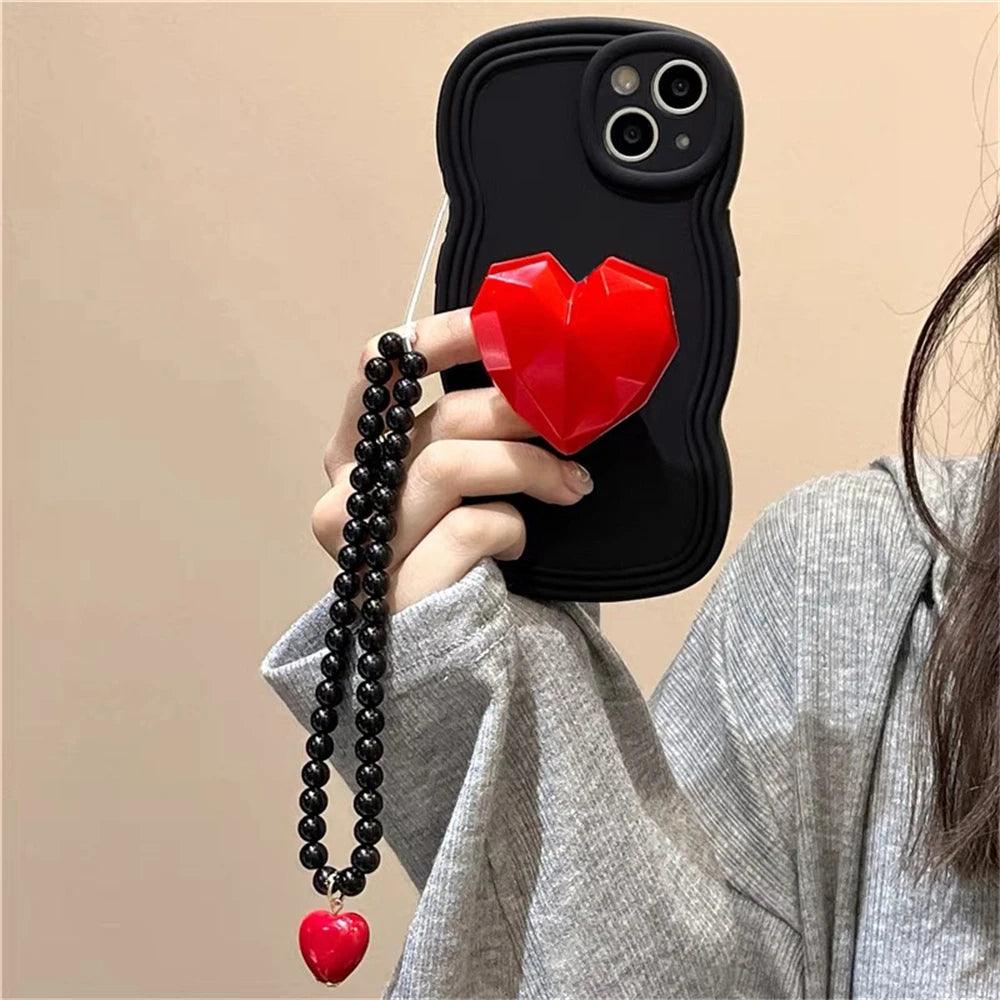 Black Wave Cute Phone Case with Strap for iPhone 14, 13, 12, 11 Pro, XS Max, X, XR - Korean 3D Love Heart Bracket Bracelet Chain Design