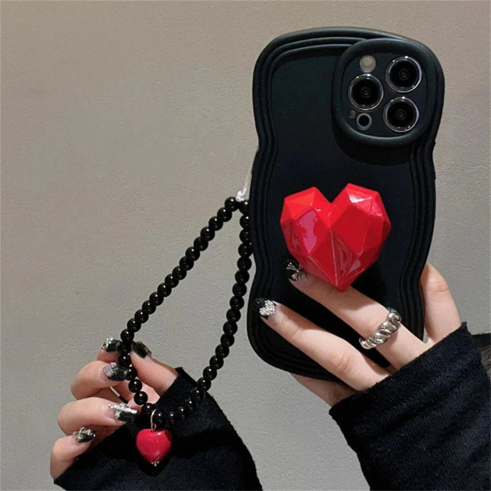 Black Wave Cute Phone Case with Strap for iPhone 14, 13, 12, 11 Pro, XS Max, X, XR - Korean 3D Love Heart Bracket Bracelet Chain Design