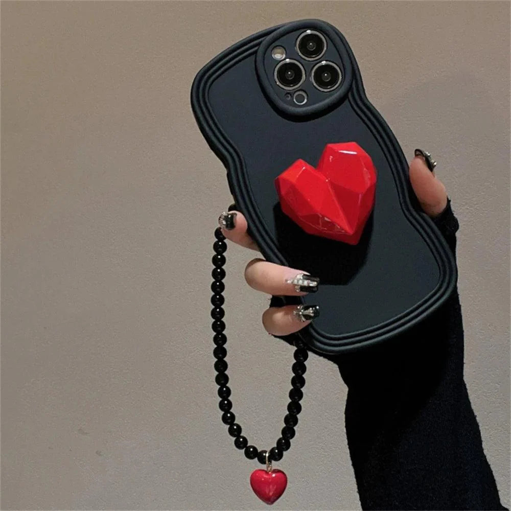 Black Wave Cute Phone Case with Strap for iPhone 14, 13, 12, 11 Pro, XS Max, X, XR - Korean 3D Love Heart Bracket Bracelet Chain Design