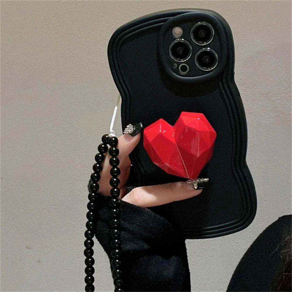 Black Wave Cute Phone Case with Strap for iPhone 14, 13, 12, 11 Pro, XS Max, X, XR - Korean 3D Love Heart Bracket Bracelet Chain Design