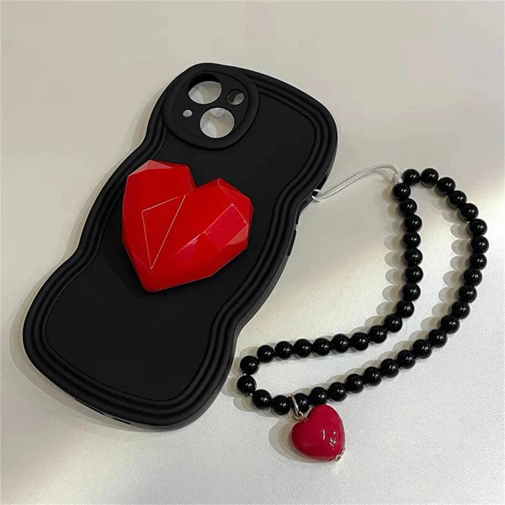 Black Wave Cute Phone Case with Strap for iPhone 14, 13, 12, 11 Pro, XS Max, X, XR - Korean 3D Love Heart Bracket Bracelet Chain Design