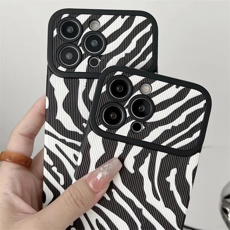 Black White Cute Zebra Stripe Phone Case for iPhone 11-15 Pro Max Plus - Soft Cover