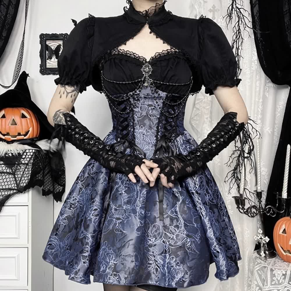 Blue Floral Gothic Lolita Lace Up Mini Dress