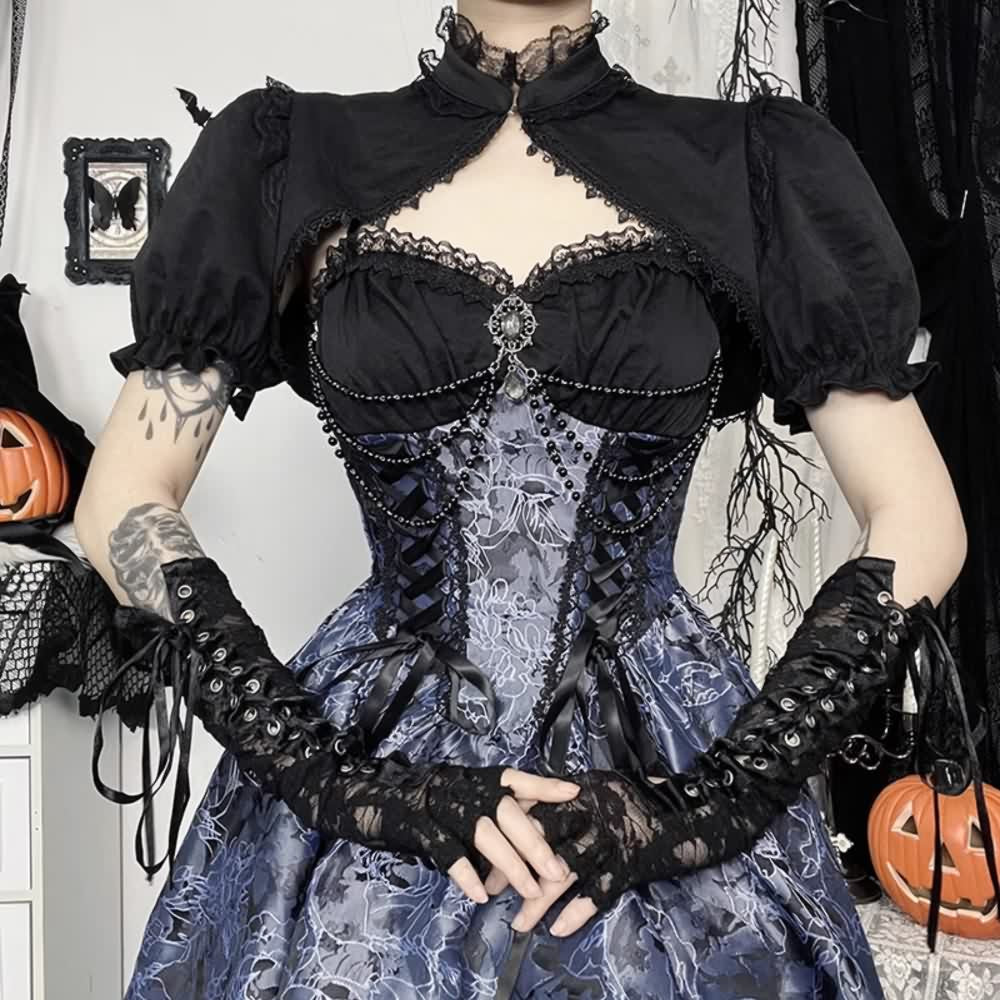 Blue Floral Gothic Lolita Lace Up Mini Dress