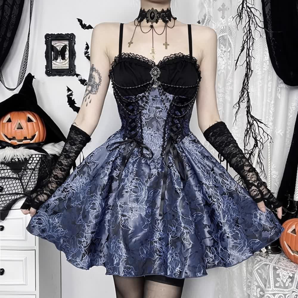 Blue Floral Gothic Lolita Lace Up Mini Dress