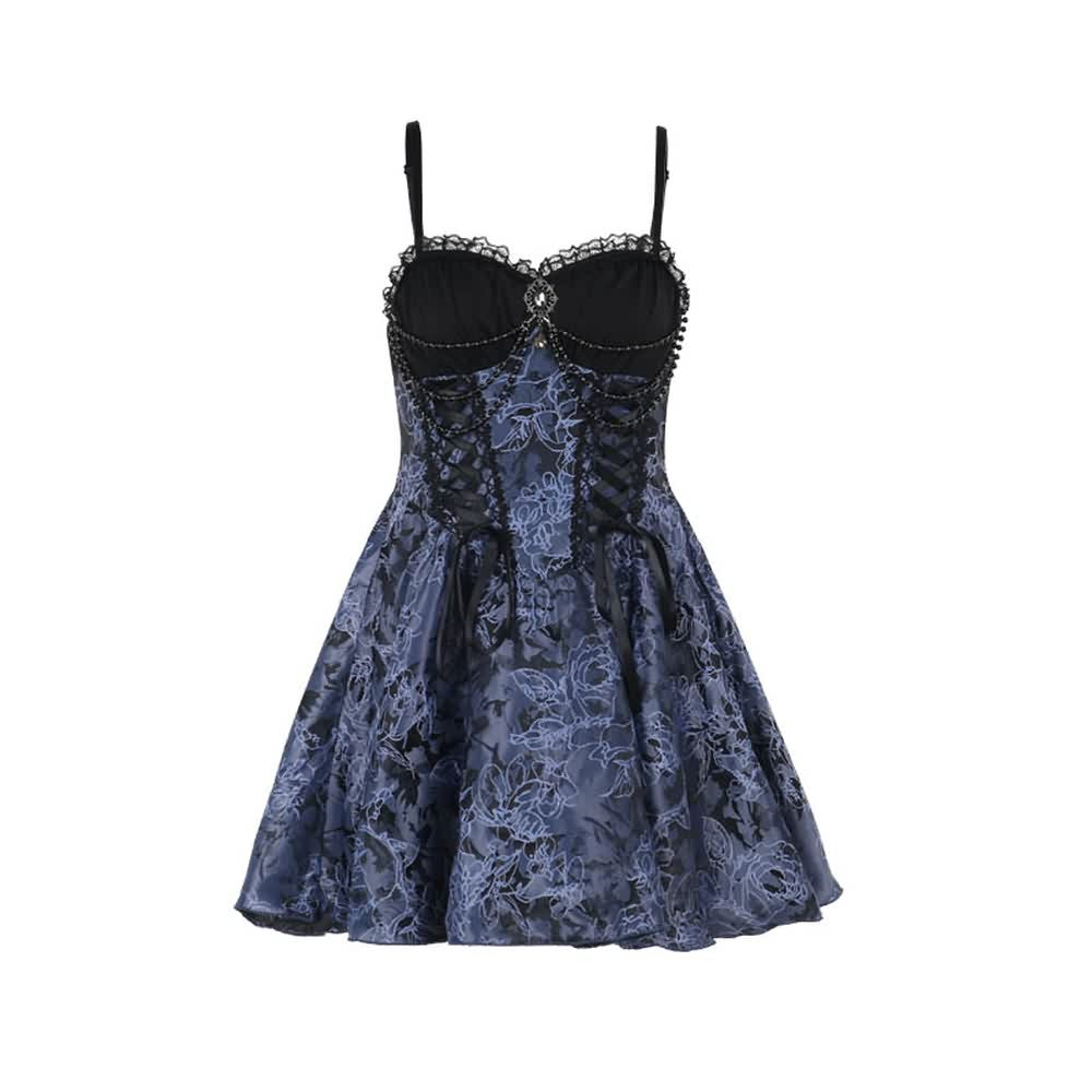 Blue Floral Gothic Lolita Lace Up Mini Dress