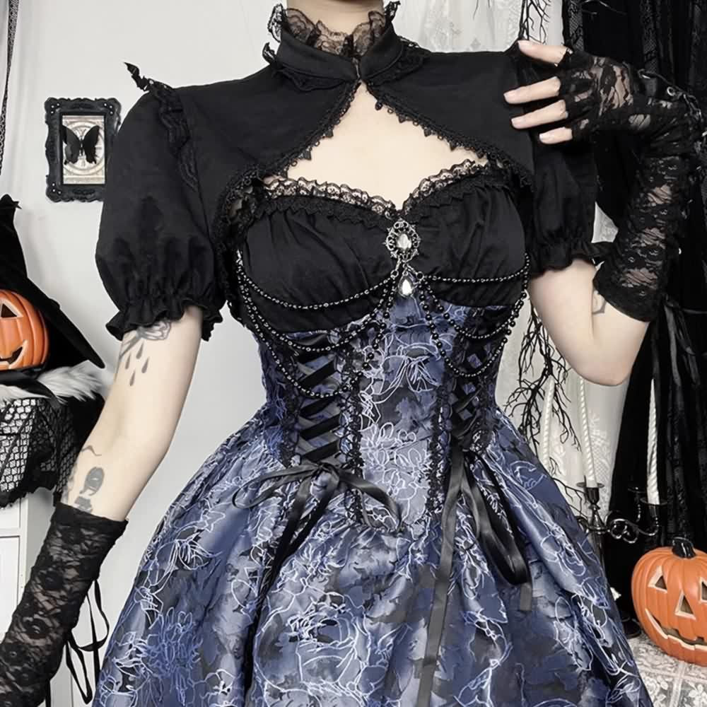 Blue Floral Gothic Lolita Lace Up Mini Dress