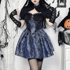 Blue Floral Gothic Lolita Lace Up Mini Dress