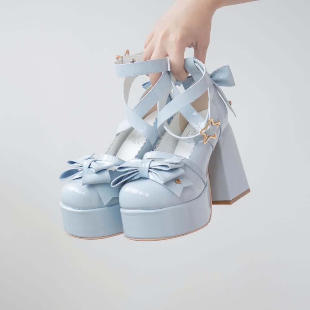 Blue Kawaii Lolita Bow Star Chunky Platform High Block Heels