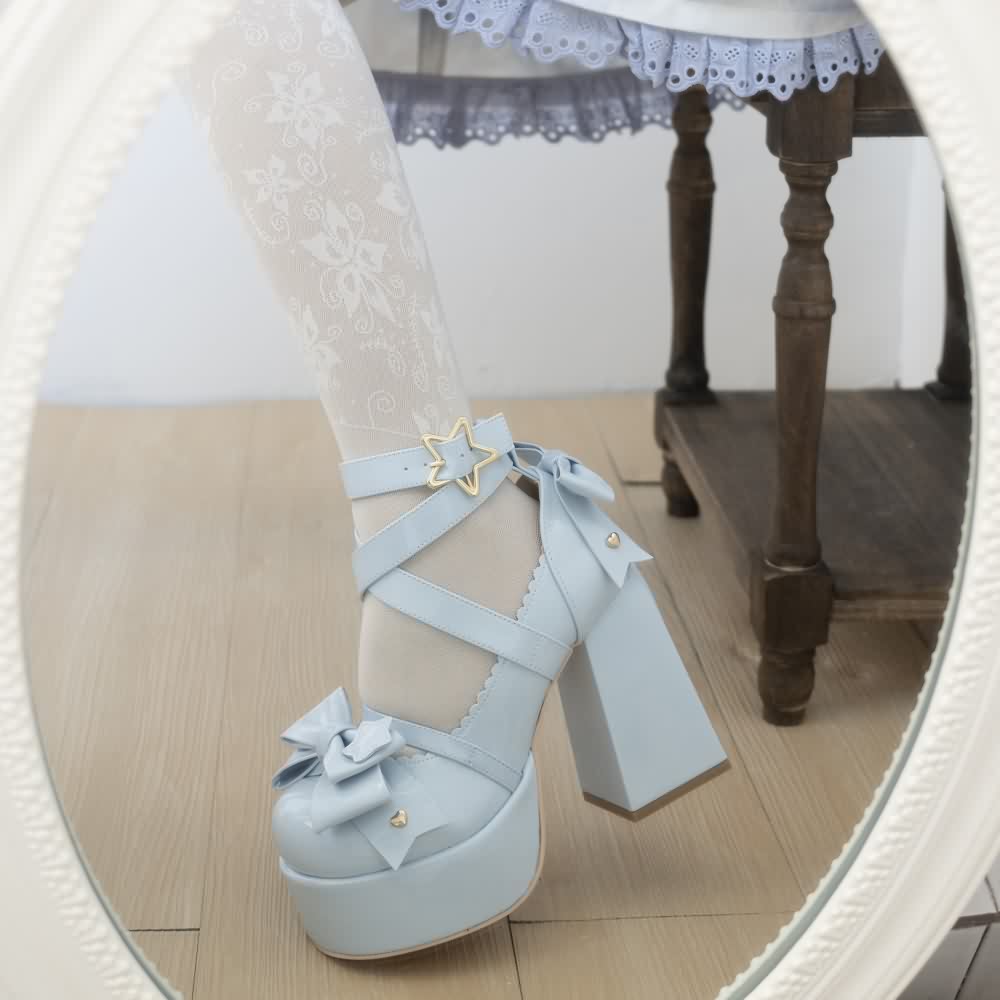 Blue Kawaii Lolita Bow Star Chunky Platform High Block Heels