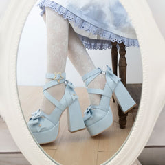 Blue Kawaii Lolita Bow Star Chunky Platform High Block Heels