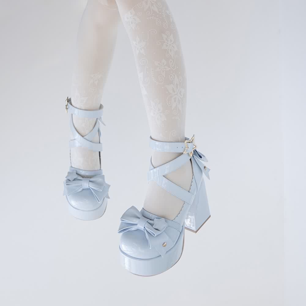 Blue Kawaii Lolita Bow Star Chunky Platform High Block Heels