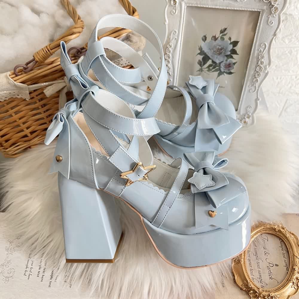 Blue Kawaii Lolita Bow Star Chunky Platform High Block Heels