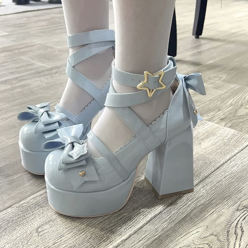 Blue Kawaii Lolita Bow Star Chunky Platform High Block Heels