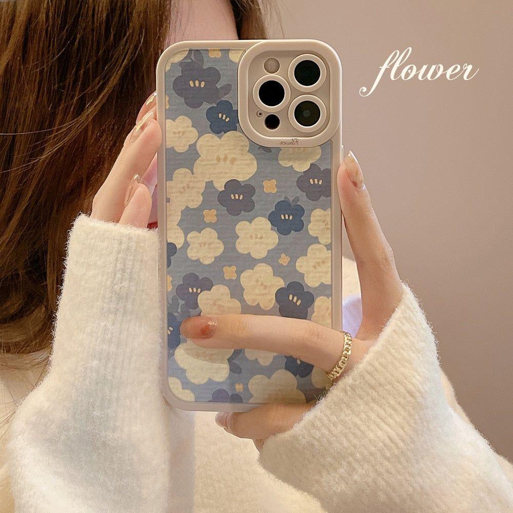 Blue Oil Painting Flowers Cute Phone Cases For iPhone 11 12 13 Pro XS Max X XR 7 8 Plus Se 2