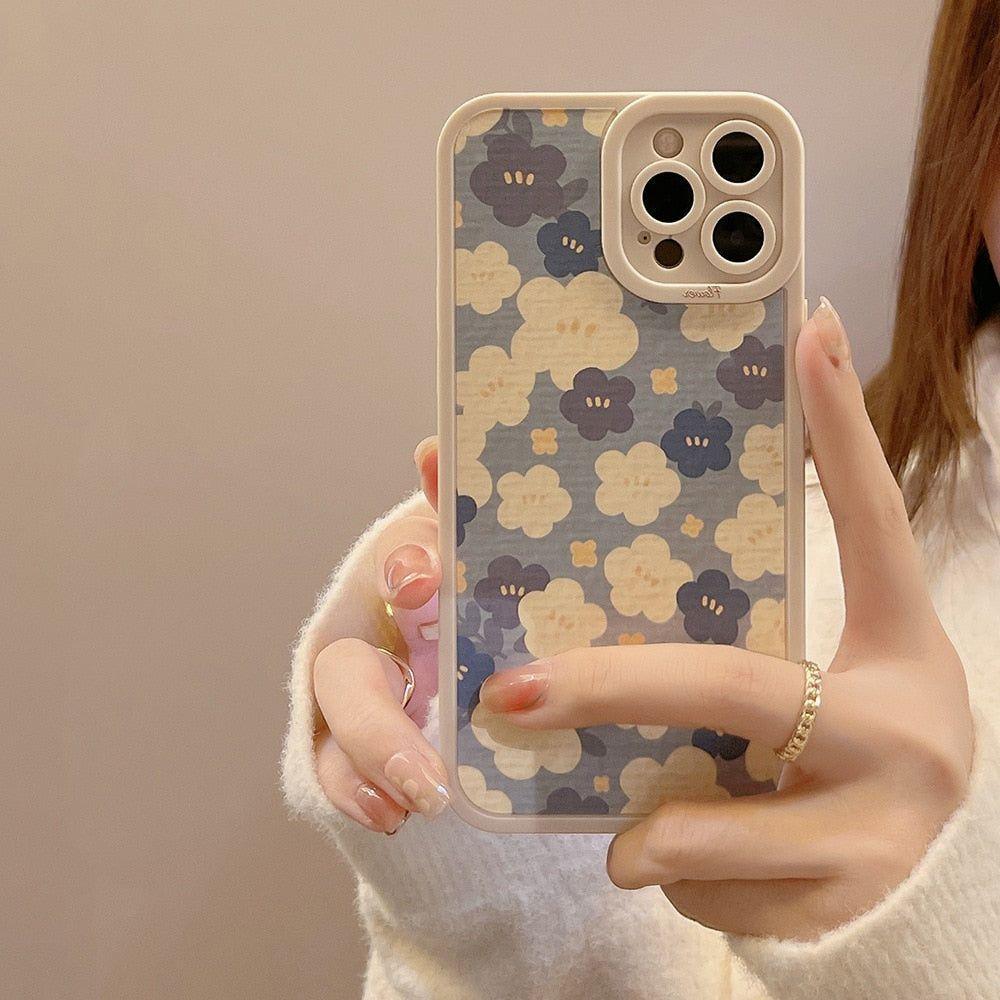 Blue Oil Painting Flowers Cute Phone Cases For iPhone 11 12 13 Pro XS Max X XR 7 8 Plus Se 2