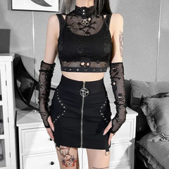 Bold Gothic Skull Mesh Crop Top And Fingerless Gloves Set