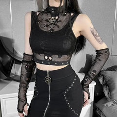 Bold Gothic Skull Mesh Crop Top And Fingerless Gloves Set