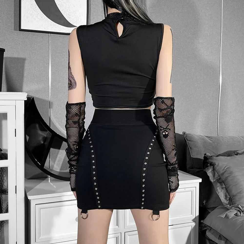 Bold Gothic Skull Mesh Crop Top And Fingerless Gloves Set