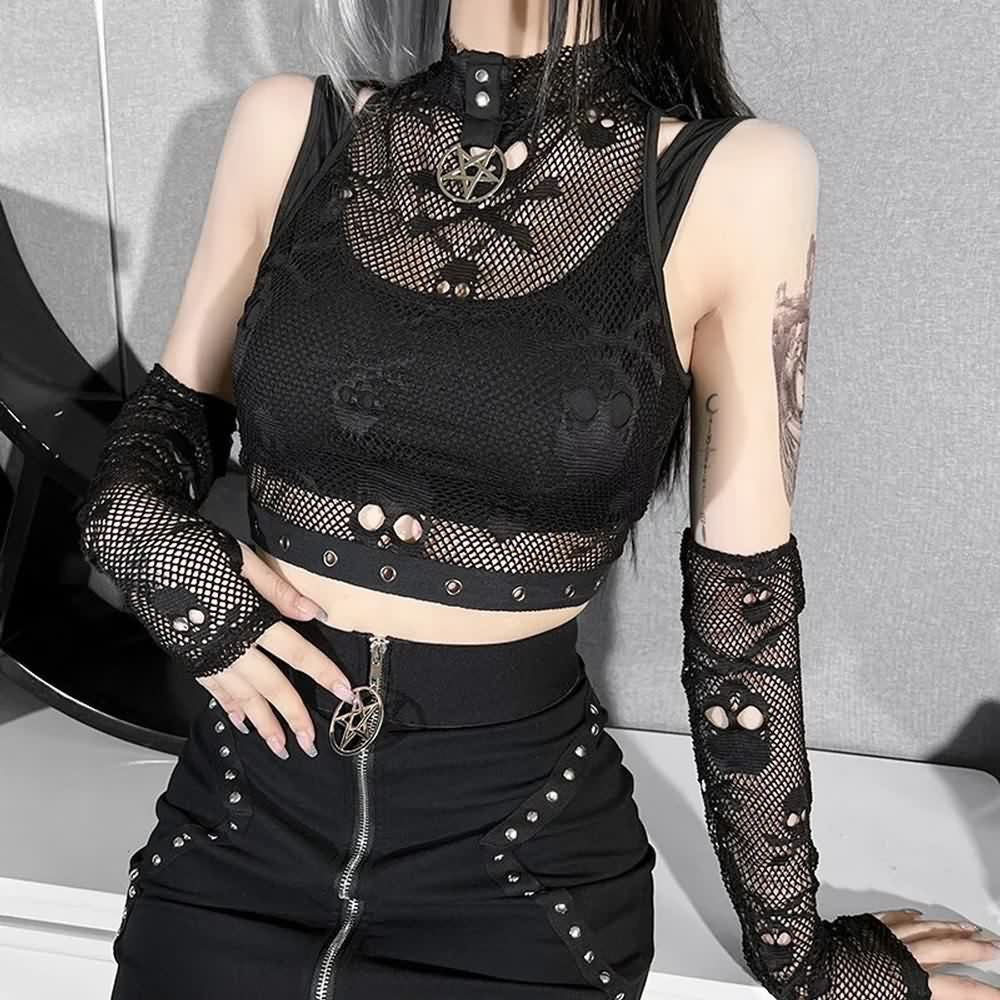 Bold Gothic Skull Mesh Crop Top And Fingerless Gloves Set