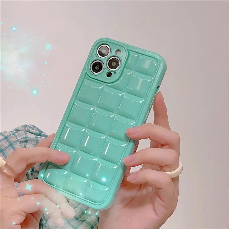 Brown 3D Square Cube Plating Cute Phone Cases For iPhone 14 13 12 11 Pro Max XS X XR 14 Plus