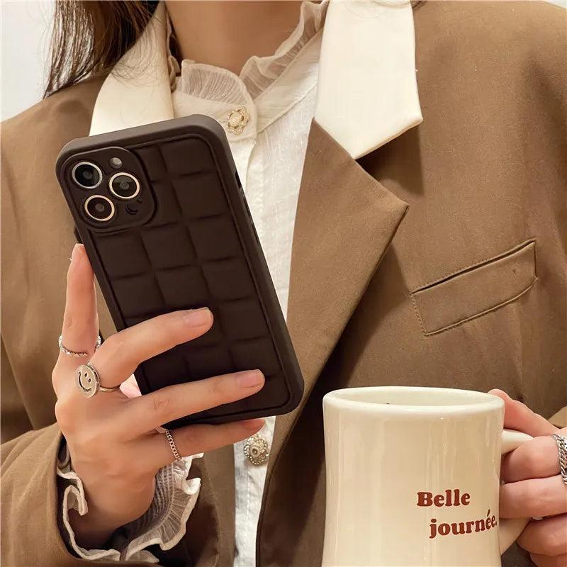 Brown 3D Square Cube Plating Cute Phone Cases For iPhone 14 13 12 11 Pro Max XS X XR 14 Plus