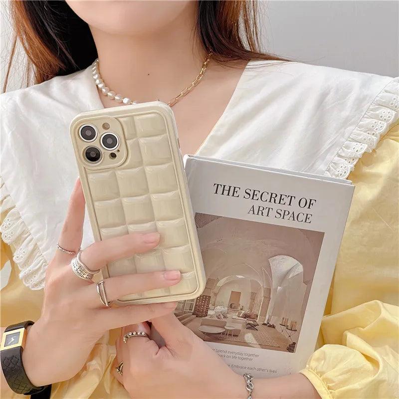 Brown 3D Square Cube Plating Cute Phone Cases For iPhone 14 13 12 11 Pro Max XS X XR 14 Plus