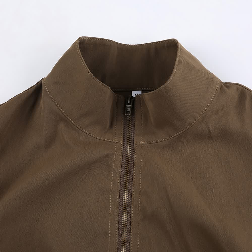 Brown High Neck Crop Zip Up Jacket