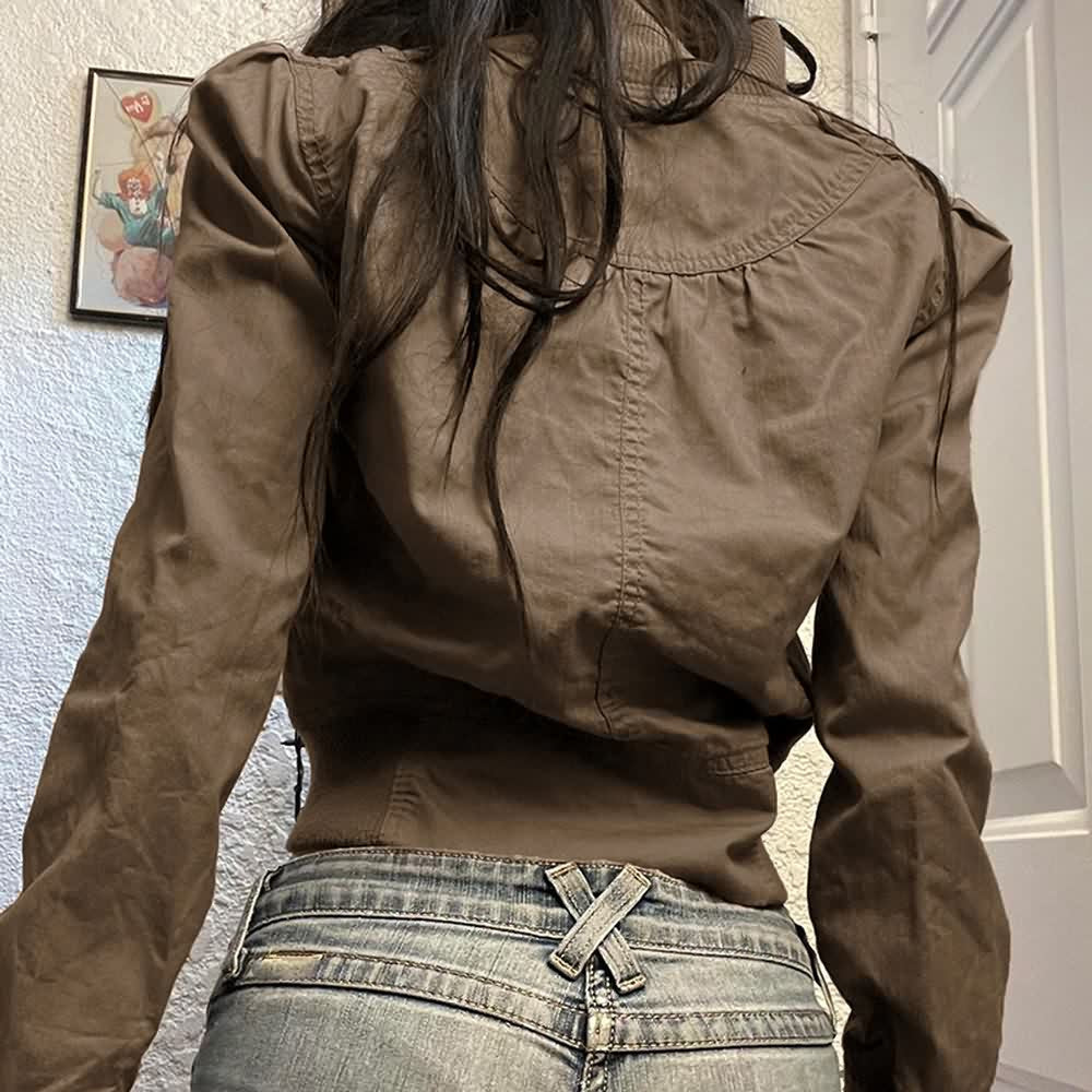 Brown High Neck Crop Zip Up Jacket